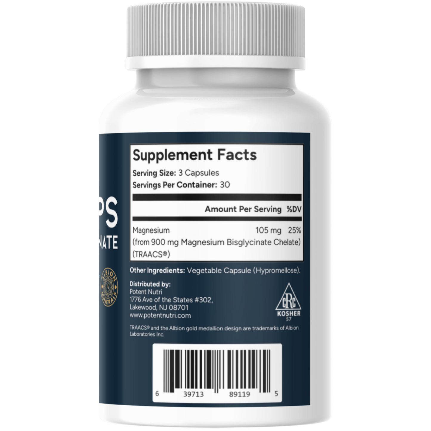 Magnesium Glycinate Small Capsules - 90 Capsules, Easy to Swallow, Albion TRAACS Magnesium Bisglycinate Chelate - Kosher