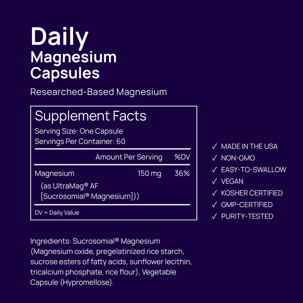 Daily Magnesium Capsules - Easy to swallow - 60 Day Supply