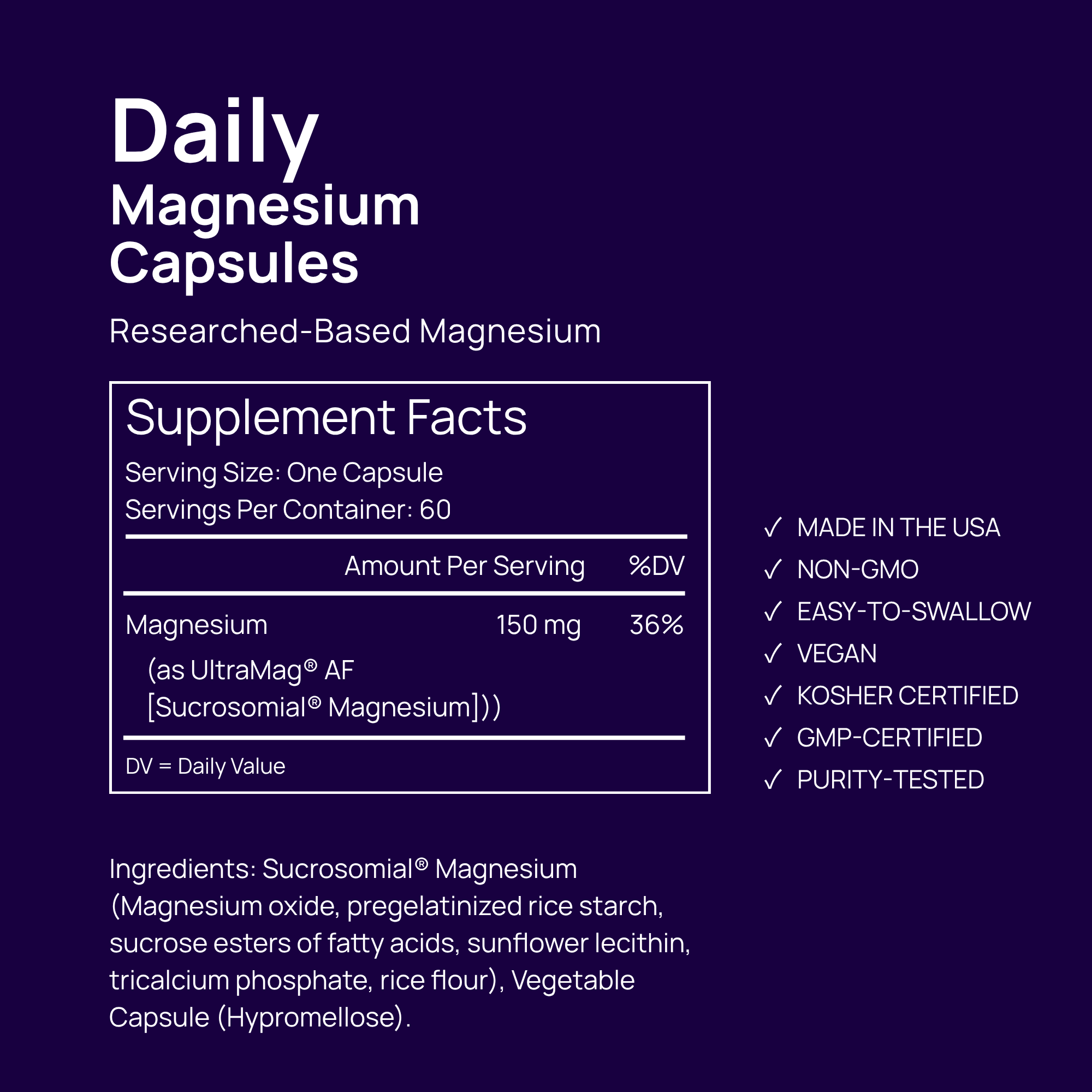 Daily Magnesium Capsules - Easy to swallow - 60 Day Supply
