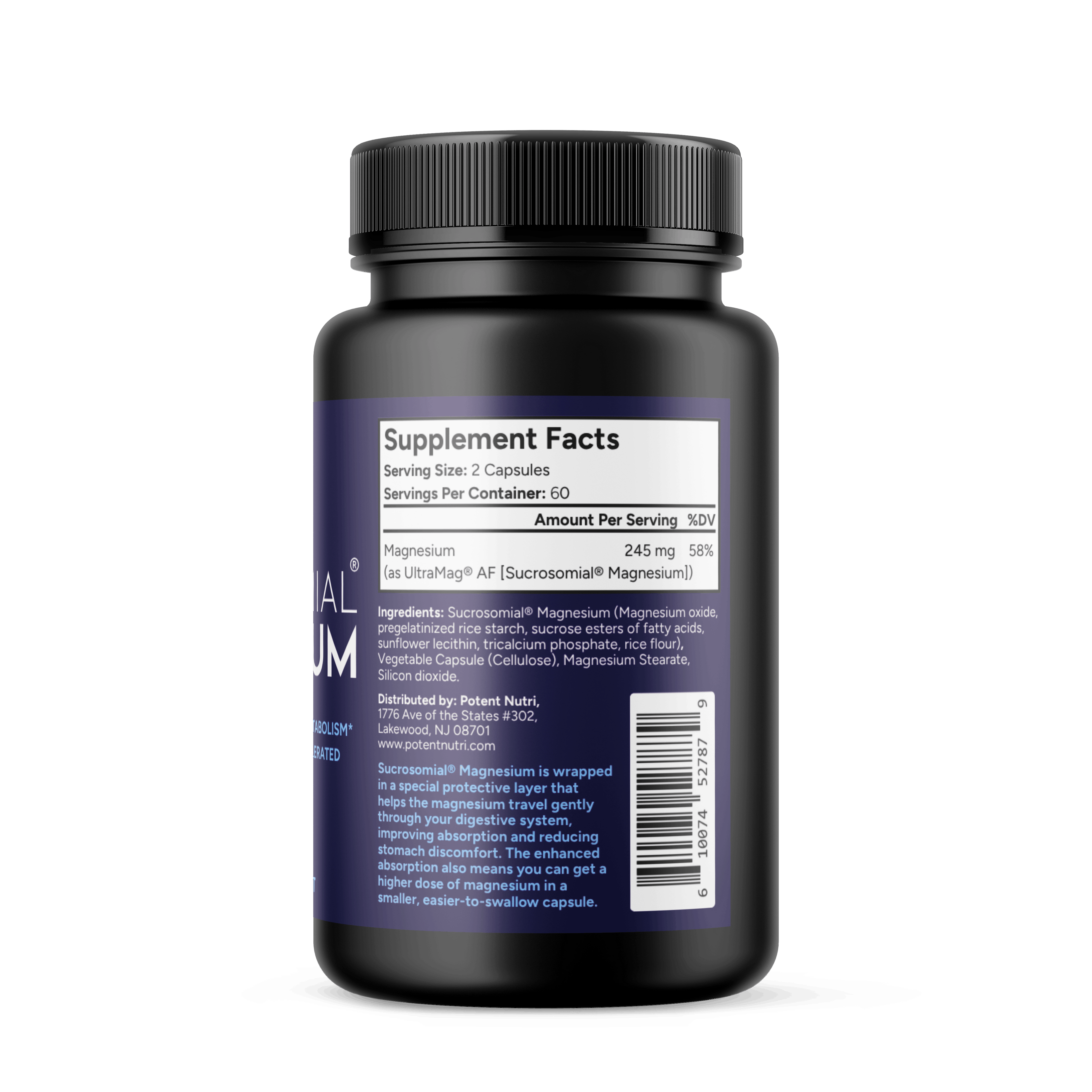 Potent Nutri Sucrosomial Magnesium — 245 mg High Absorption Magnesium Supplement (60 Vegan Capsules)